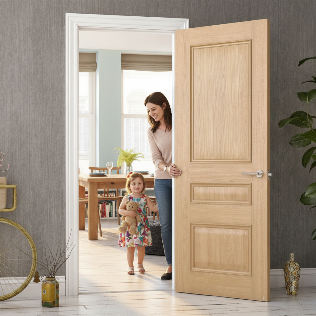 Premium 3 Panel Oak Interior Door with Solid Core and Decorative Beading - High-Quality Professional Grade for Industrial and Commercial Applications