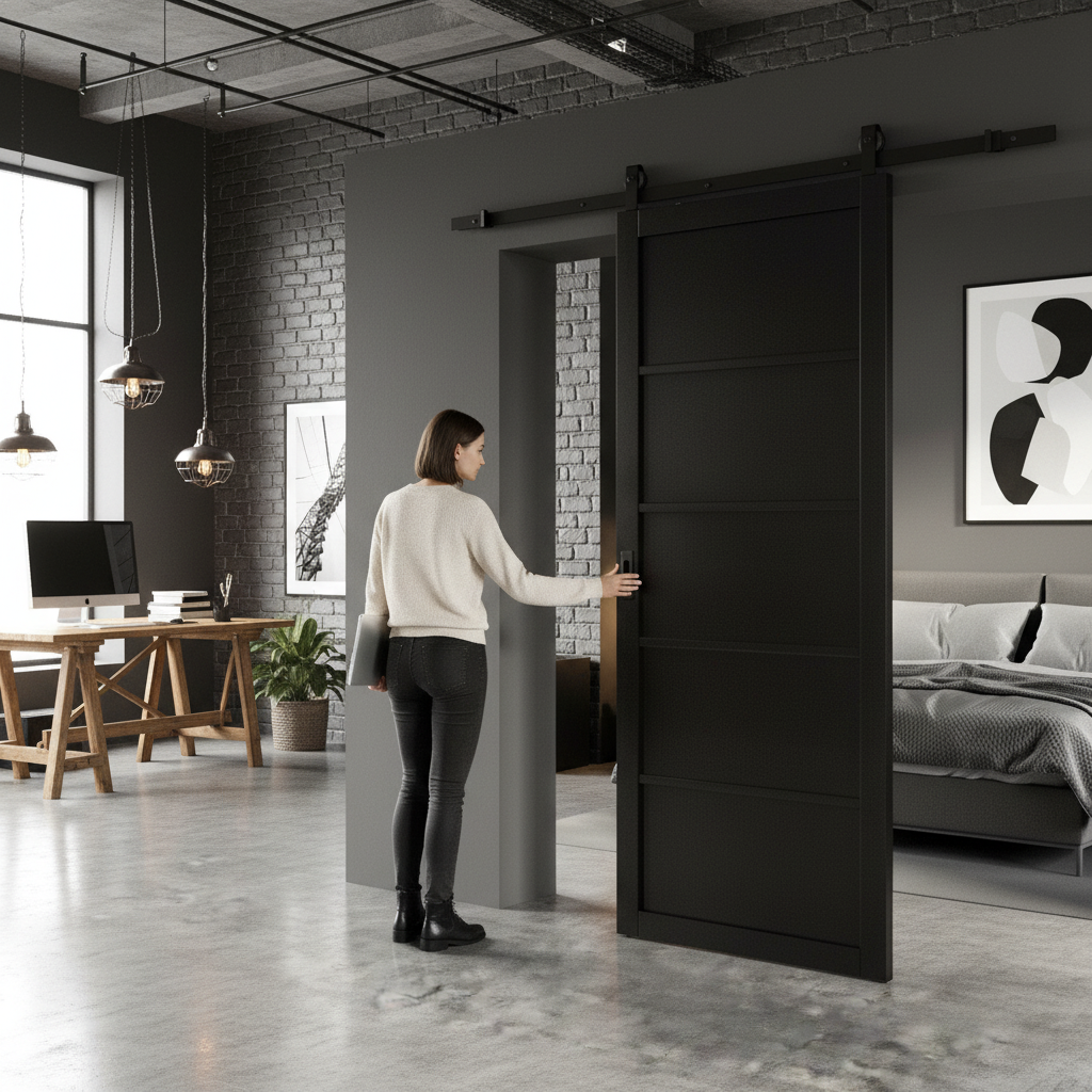 Premium Industrial Studio 5 Panel Door with Matt Black Top Mounted Track - Fully Finished for Easy Installation - Image 2