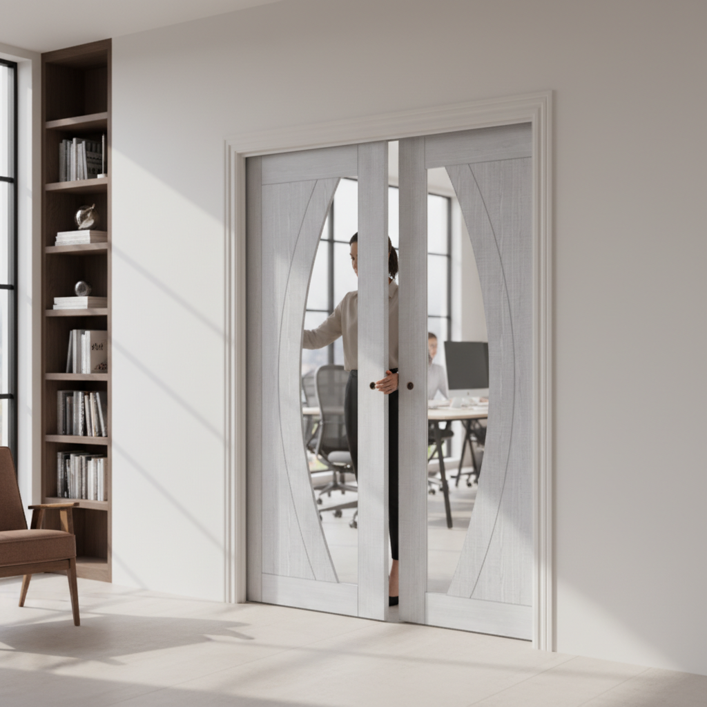 Premium Clear Glazed Double Pocket Door Set with Ash Veneer and Galvanised Steel Frame