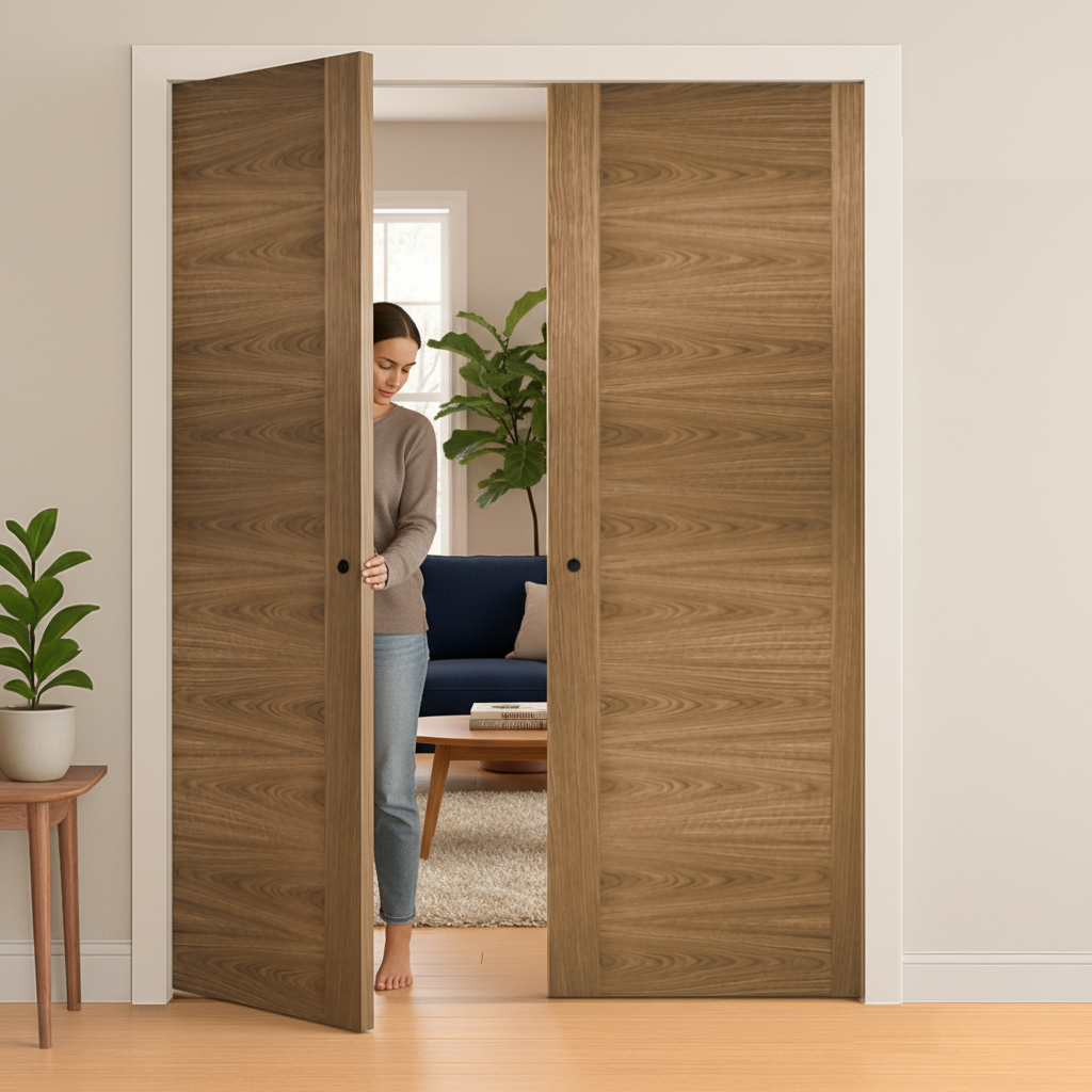 Premium Walnut Double Pocket Door Set with Galvanised Steel Frame and Pre-Finished Elegance for Modern Interiors