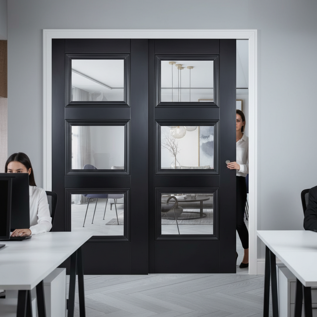 Premium Telescopic Pocket Door System with 3 Glazed Panels, Black Finish, and Comprehensive Timber Lining Kit