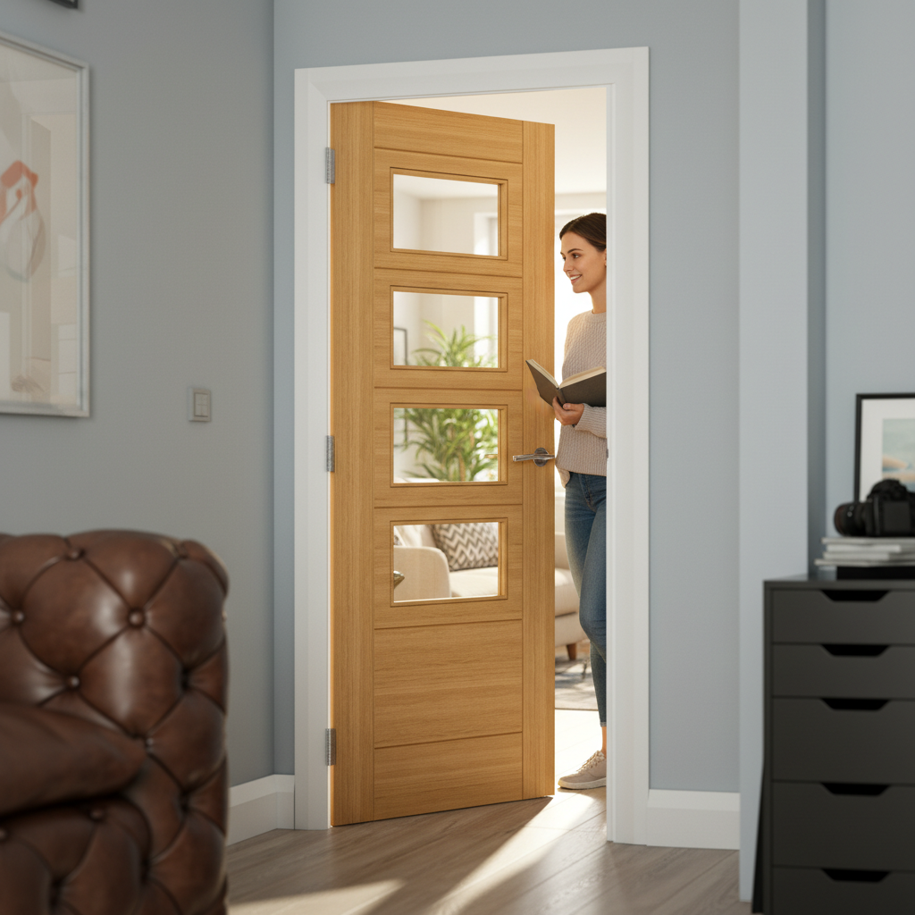 Premium Contemporary Glazed Internal Door with Clear Tempered Glass Panels and Crown Cut Oak Finish