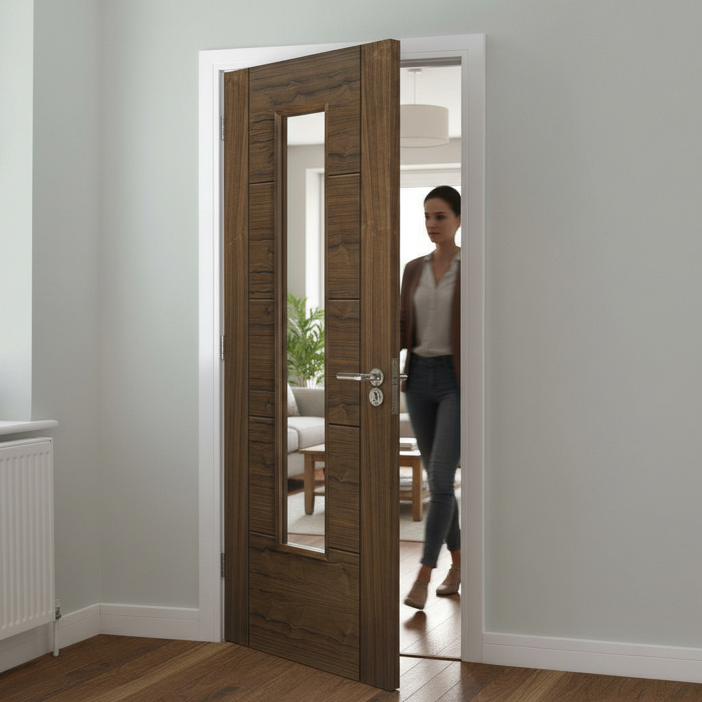 Premium Walnut Internal Door with Clear Glazed Panel and Solid Core Construction for Contemporary Homes