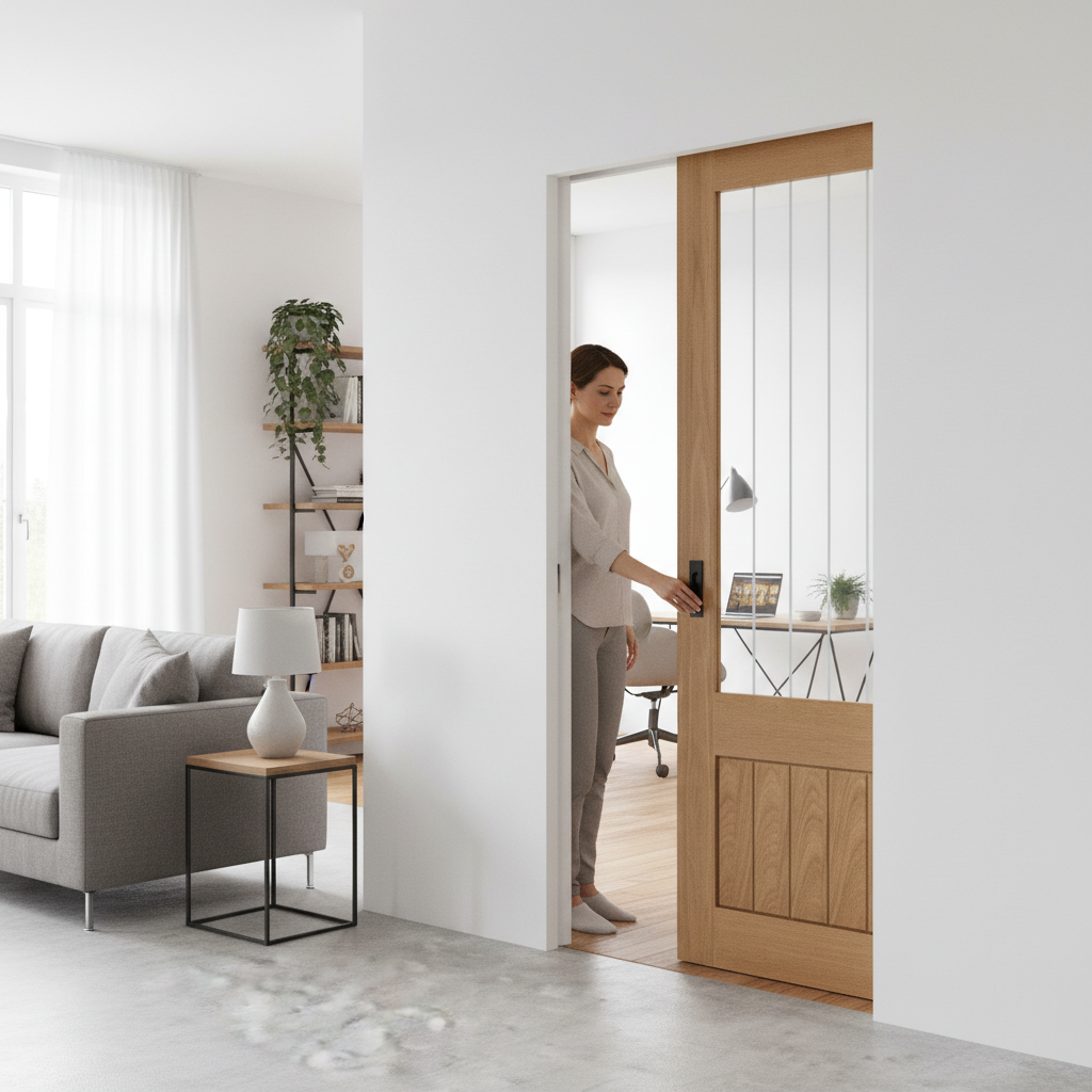 Premium Oak Pocket Door Set with Obscure Lined Clear Glass Panel for Privacy and Light Diffusion - Image 2