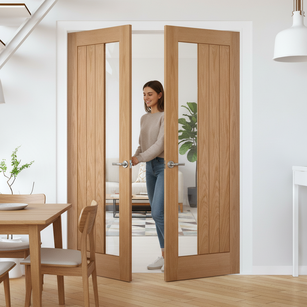 Premium Internal Oak Unfinished Clear Offset Glass Pair Door - Elegant Design for Home Interiors - Image 2