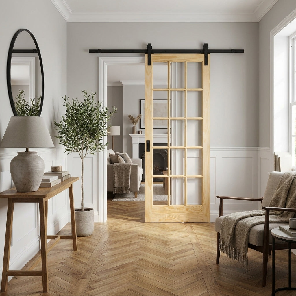 Clear Pine Internal Sliding Door, Unfinished, Solid Core, Clear Glass Glazing