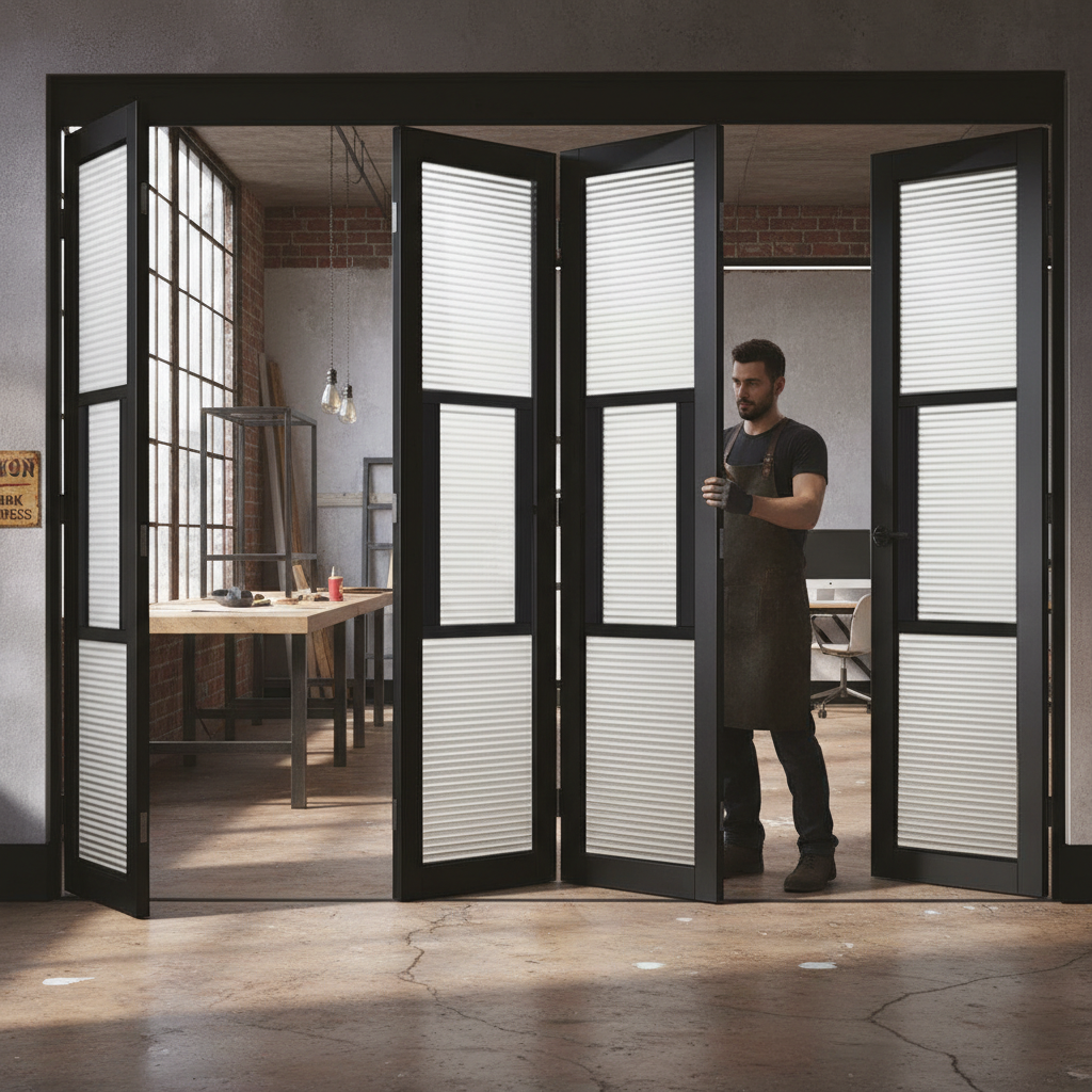 Premium Industrial Style Folding Doors with Reeded Glass - 5 Door Configuration for Home and Apartment Use