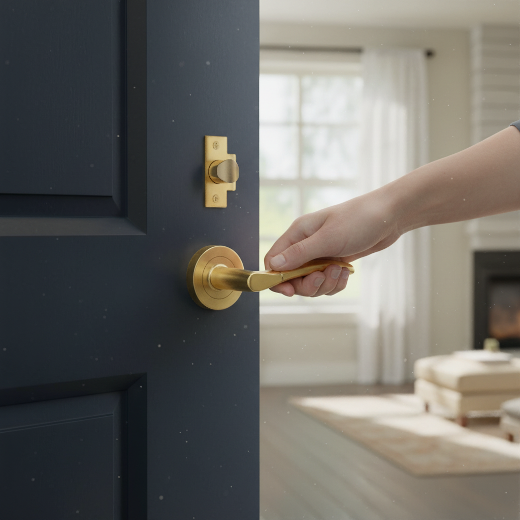 Premium Round Rose Lever Door Handle Set in Satin Brass - Ergonomic Design with Secure Bullet Latch and Smooth Ball Bearing Hinges - Image 2