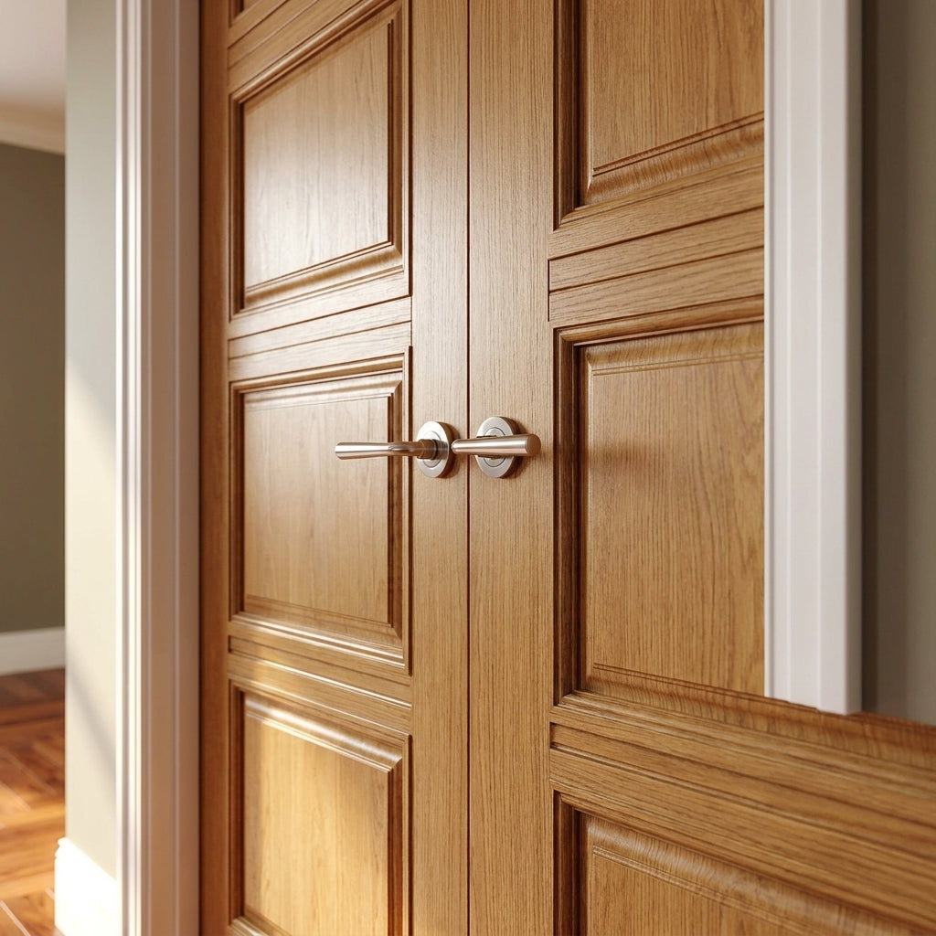 Internal Unfinished Oak Shaker 4 Panel Door Pair, Solid Core - detail view