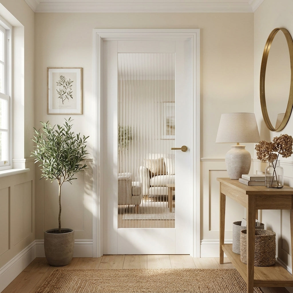 Internal White Door with 1 Light Reeded Glass, Primed Finish, Solid Core