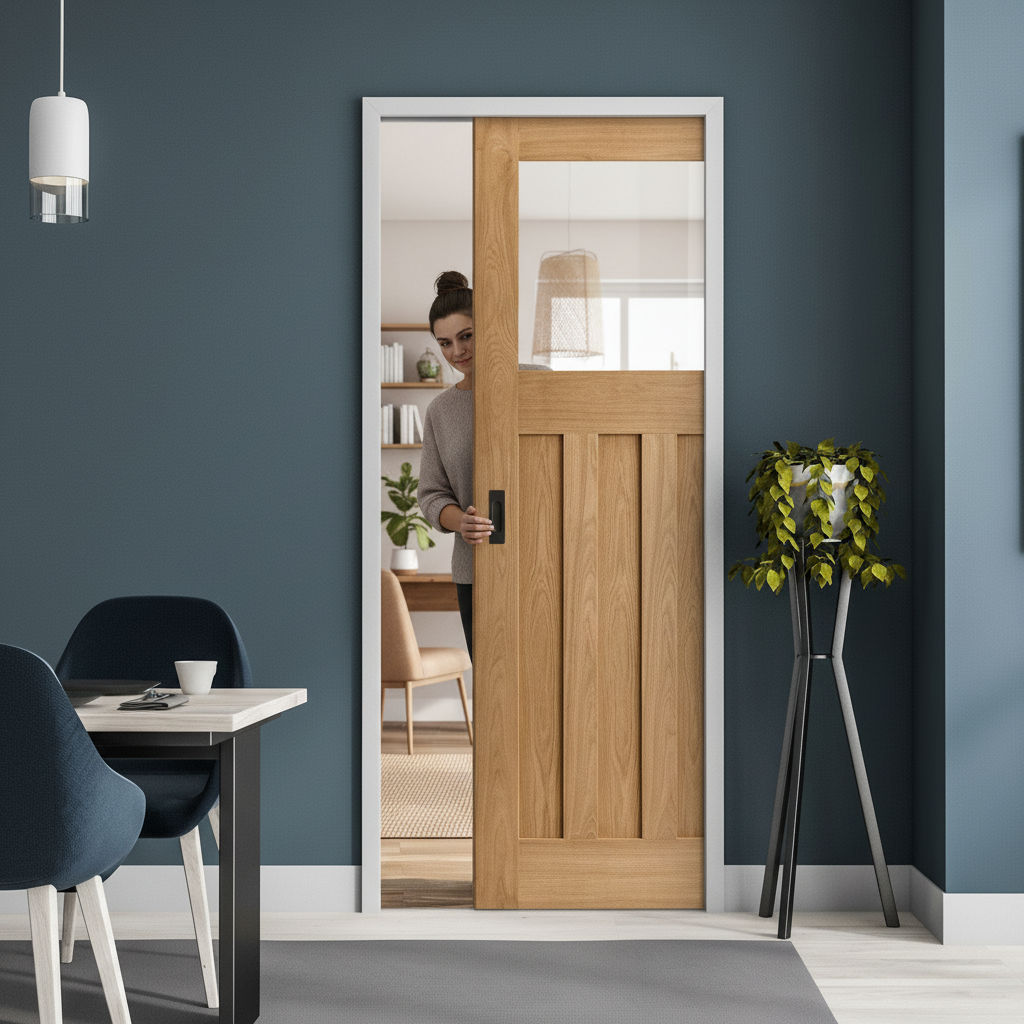 Unfinished Oak Pocket Door Set with Clear Glass Panel - Vintage 1930s Design for Space Efficiency and Customization - Image 2