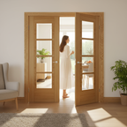Premium Contemporary Oak Internal Door Pair with Fully Glazed Safety Glass and Engineered Construction for Modern Interiors