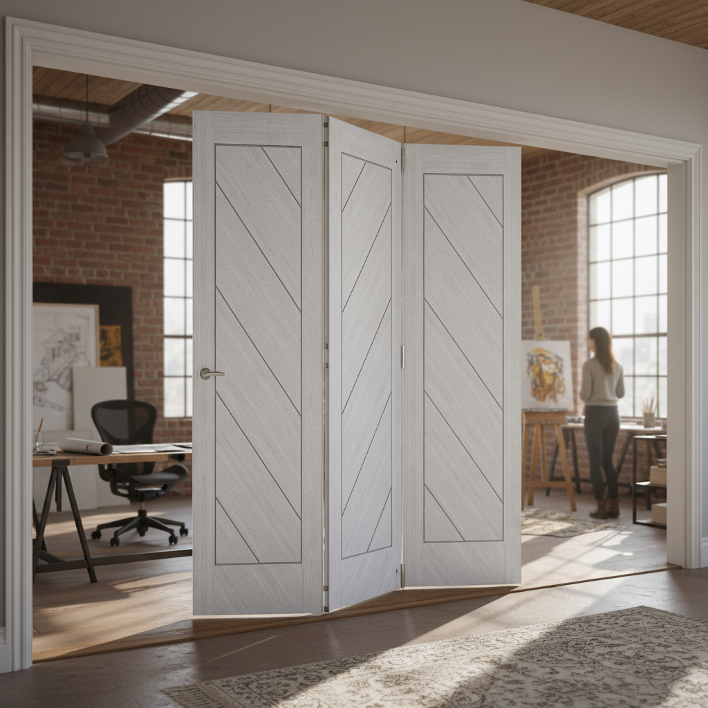 Premium Light Grey Bi-Folding Room Divider with Top Hung System for Flexible Space Management