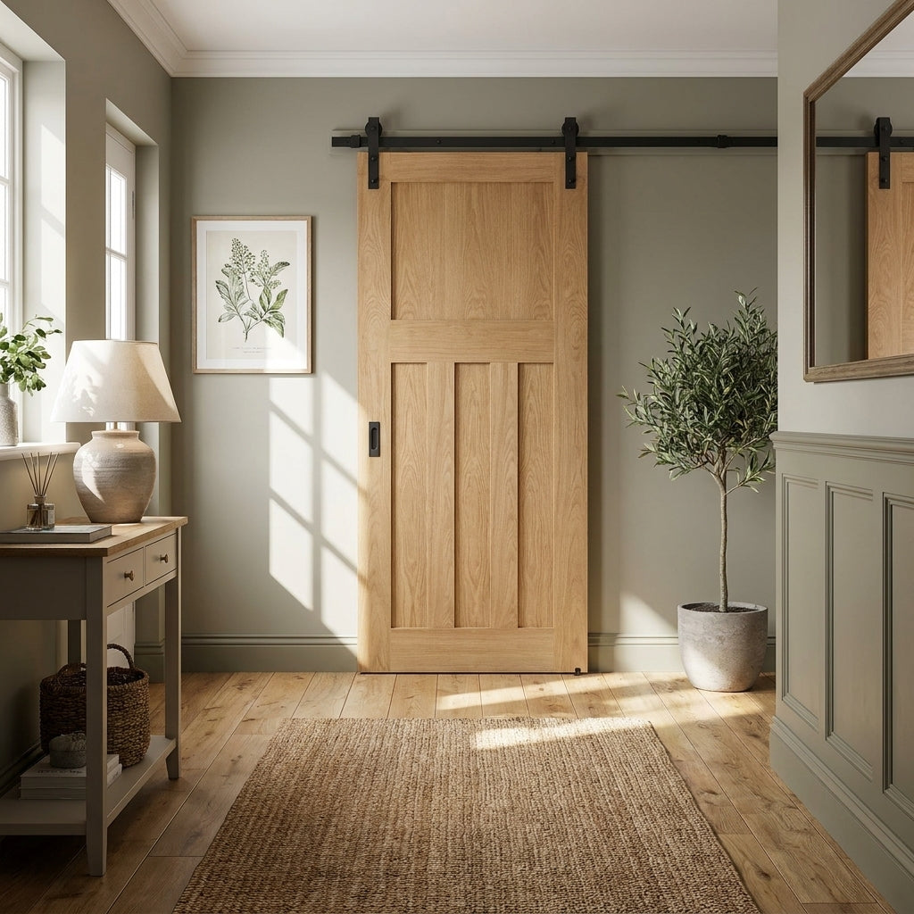 Internal Oak Sliding Door Unfinished 1930's 4 Panel Design Black Face