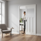 White Primed Internal Pocket Door Set with 1930s Design, Obscure Glass Panel, and Space-Saving Functionality - Image 2