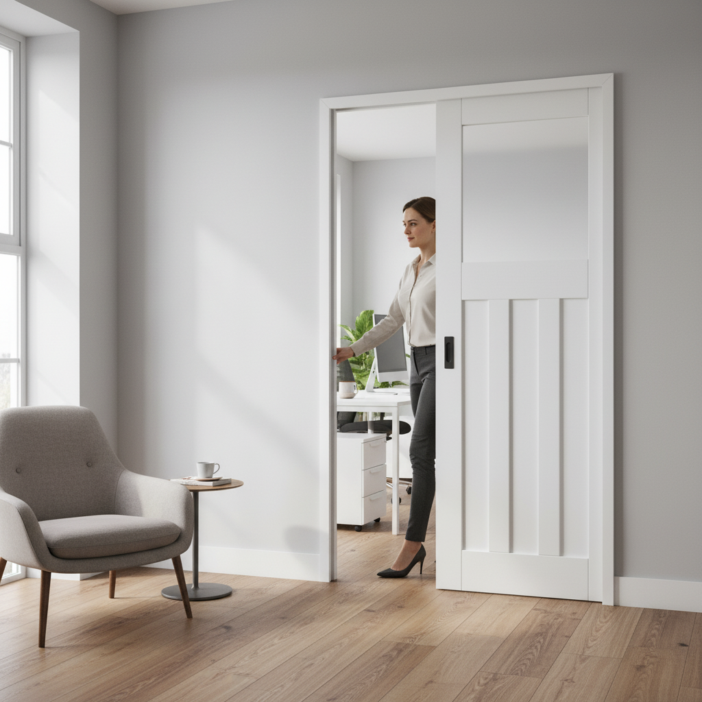 White Primed Internal Pocket Door Set with 1930s Design, Obscure Glass Panel, and Space-Saving Functionality - Image 2