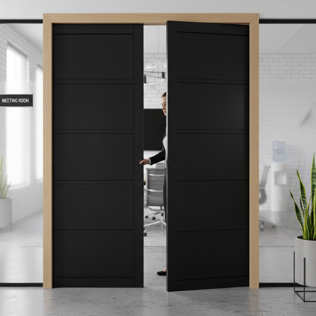 Premium 5 Panel Double Pocket Door Set - Industrial Style, Galvanised Steel Frame, Maintenance-Free Track System