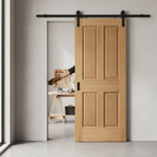 Premium Unfinished Traditional Victorian 4 Panel Sliding Door with Black Steel Track for Timeless Elegance and Space Efficiency