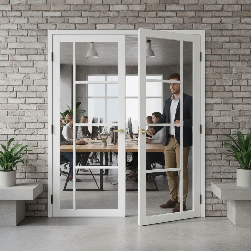 Premium Custom Made White Tinted Glazed Industrial Style Door Pair with Solid Core and 10-Year Warranty