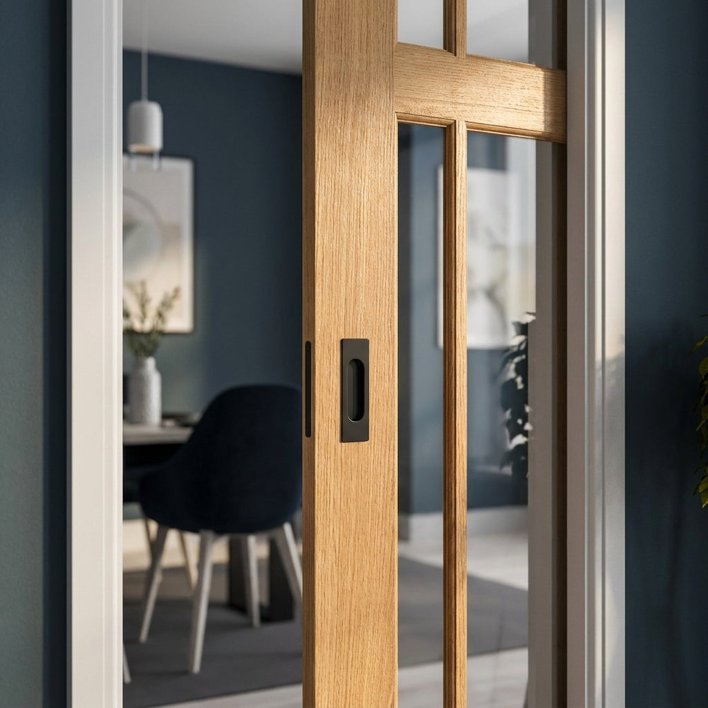 Pocket Door Set 100mm Internal Oak Unfinished with Clear Glass Glazing - detail view