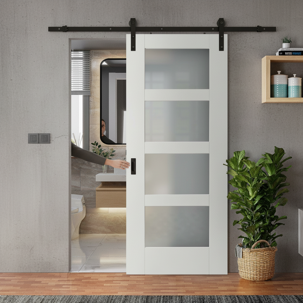 Premium Internal Sliding Door Set with 4 Light Obscure Glass Panels and Black Steel Track - Stylish and Space-Saving Design - Image 2
