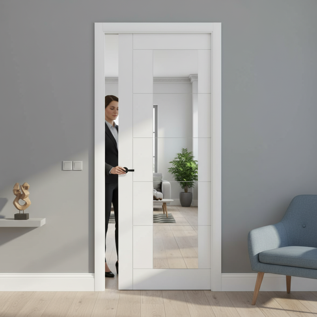 Premium White Flush Pocket Door Set with No Bottom Track and 15-Year Guarantee - Space-Saving and Modern Design