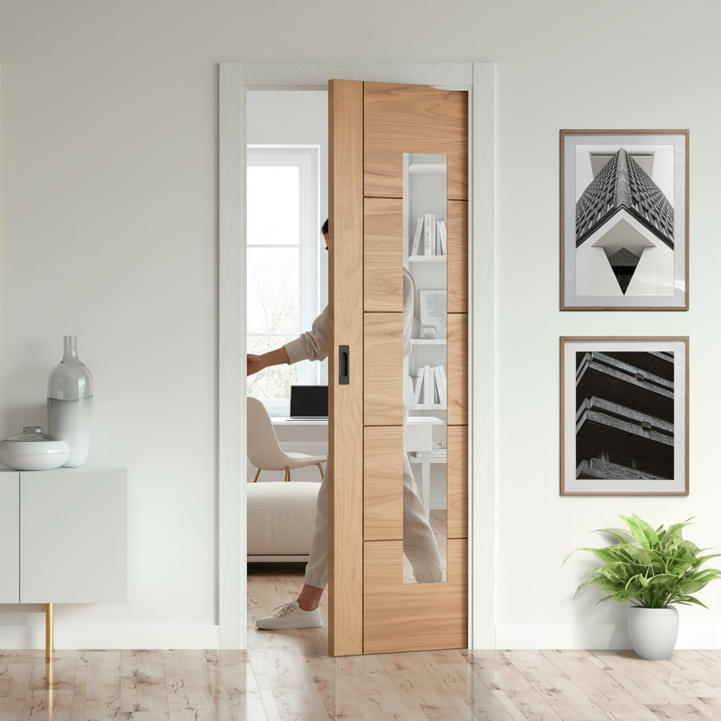 Premium Oak Pocket Door Set with Clear Glass Panel - Space-Saving Design for Natural Light and Custom Finish - Image 2