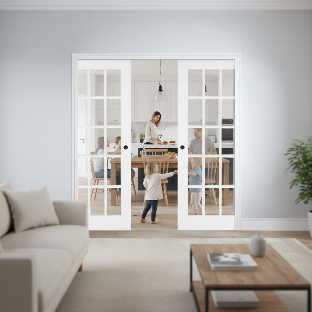 Premium Clear Glazed Double Pocket Door Set - Solid Core with Galvanised Steel Frame and Adjustable Jambs