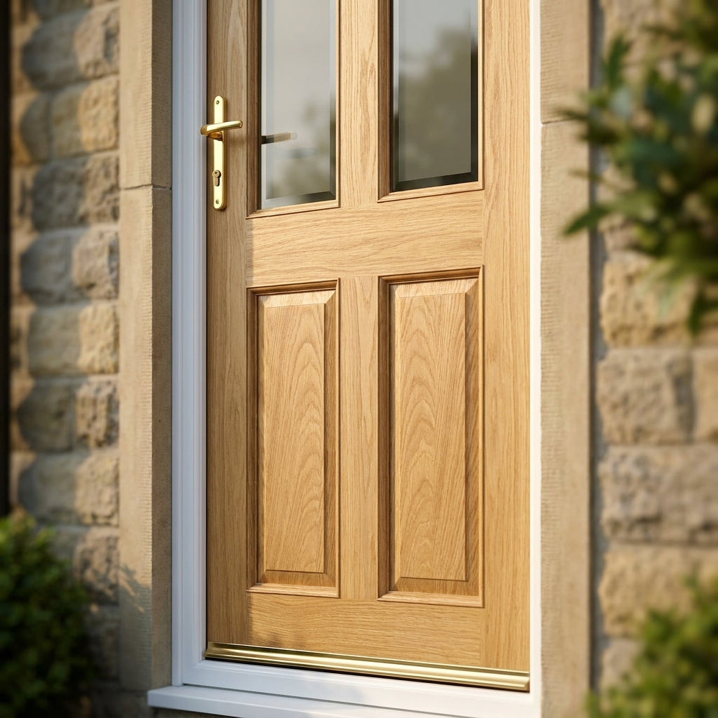 External Oak Door Unfinished 2 Panel with 2 Light Obscure Glass - detail view