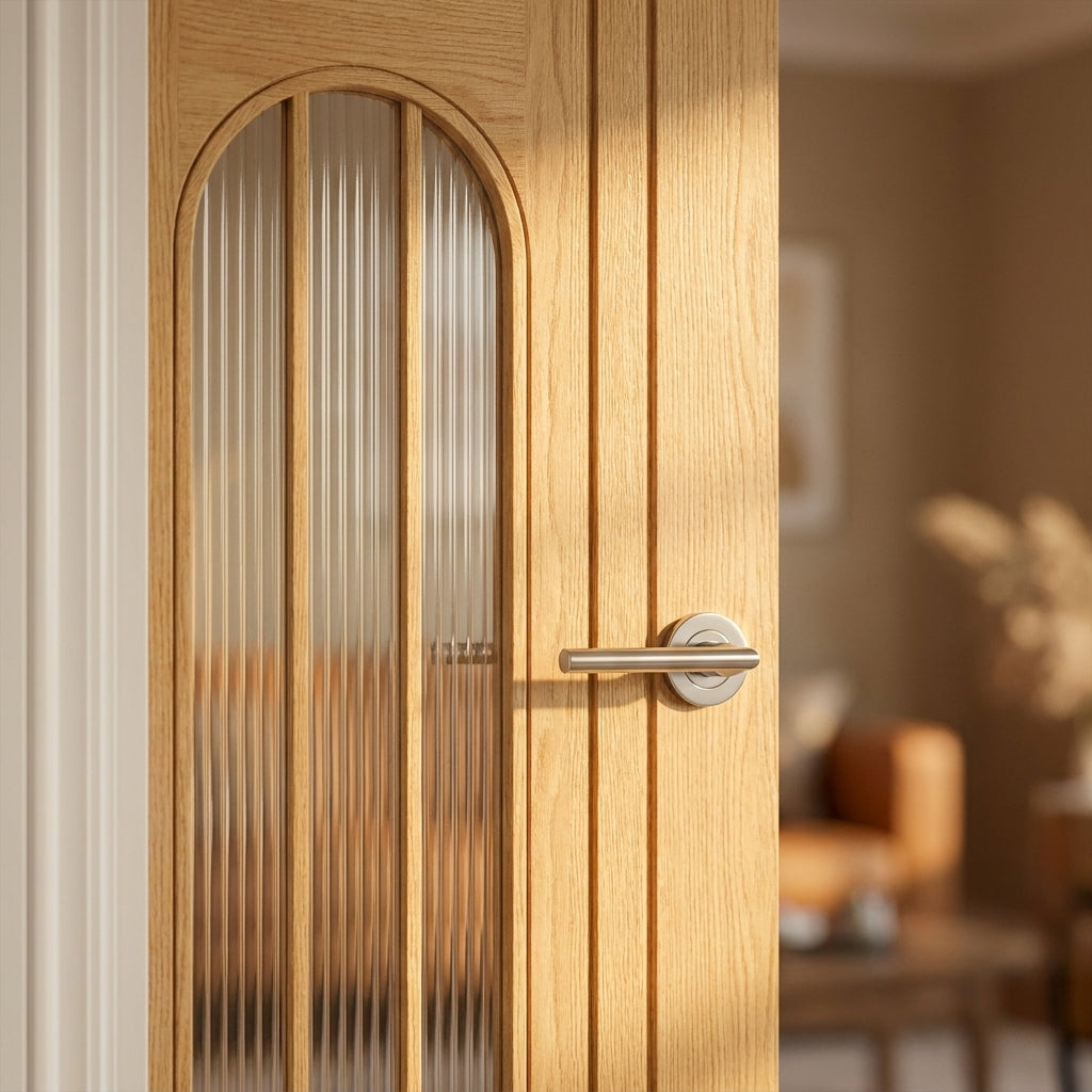 Internal Oak Door Fully Finished with Arched Square Top and 1 Light Obscure Glass - detail view