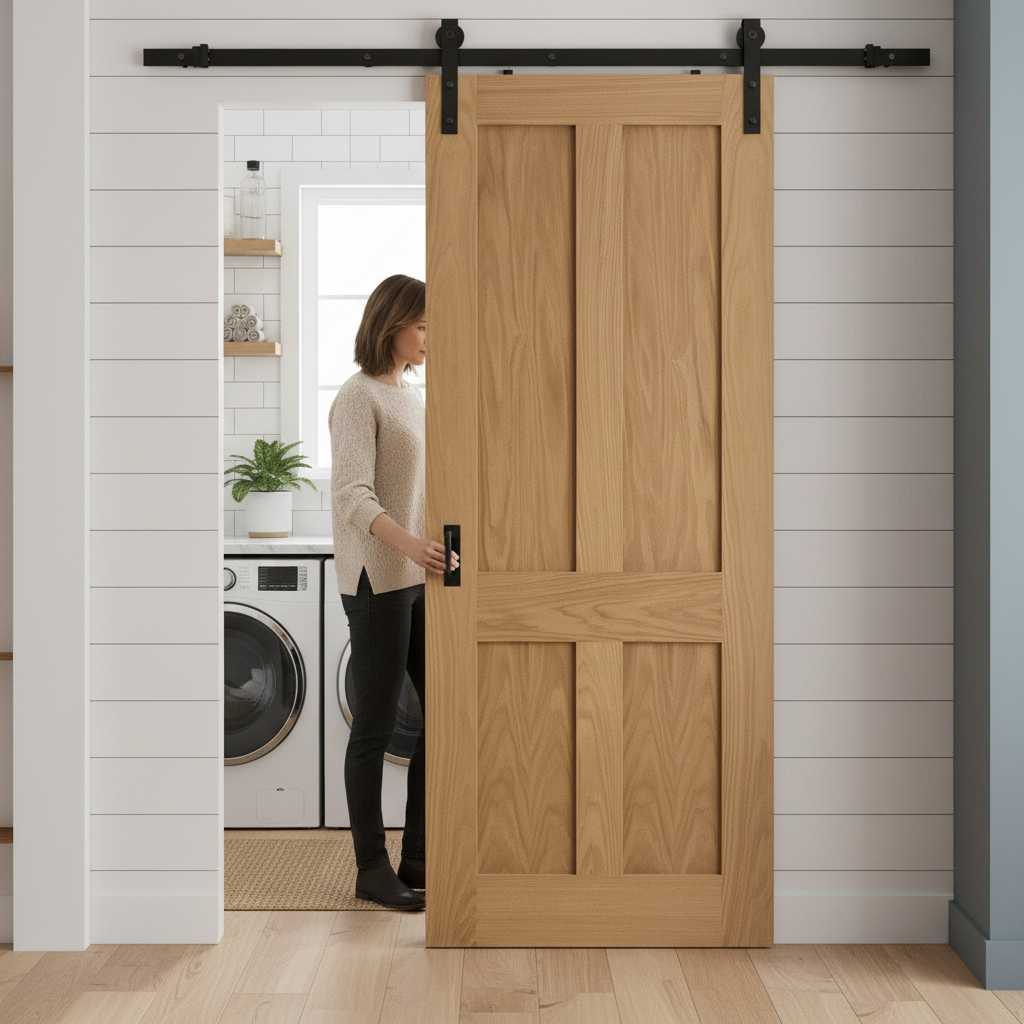 Premium Unfinished Oak Victorian 4 Panel Flat Sliding Door Set with Complete Installation Hardware