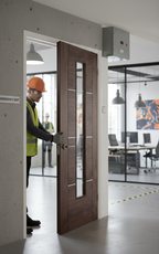 Premium 1 Light Glazed Fire Door with Walnut Veneer and Aluminium Inlay - 30 Minutes Fire Rated for Modern Interiors