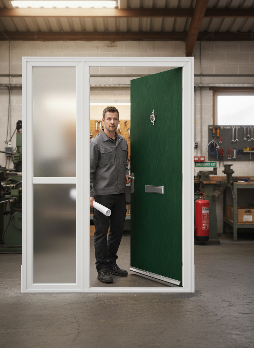 Premium Modern Flush External Fire Door Set with Sidelight and Enhanced Security Features