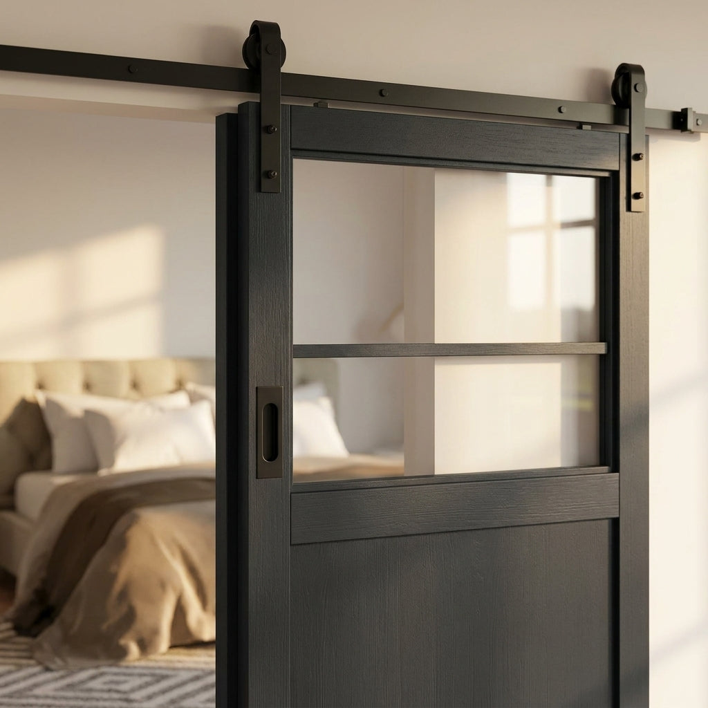 Internal Fully Finished Black Door with 1 Panel 2 Light Clear Glass Design - detail view