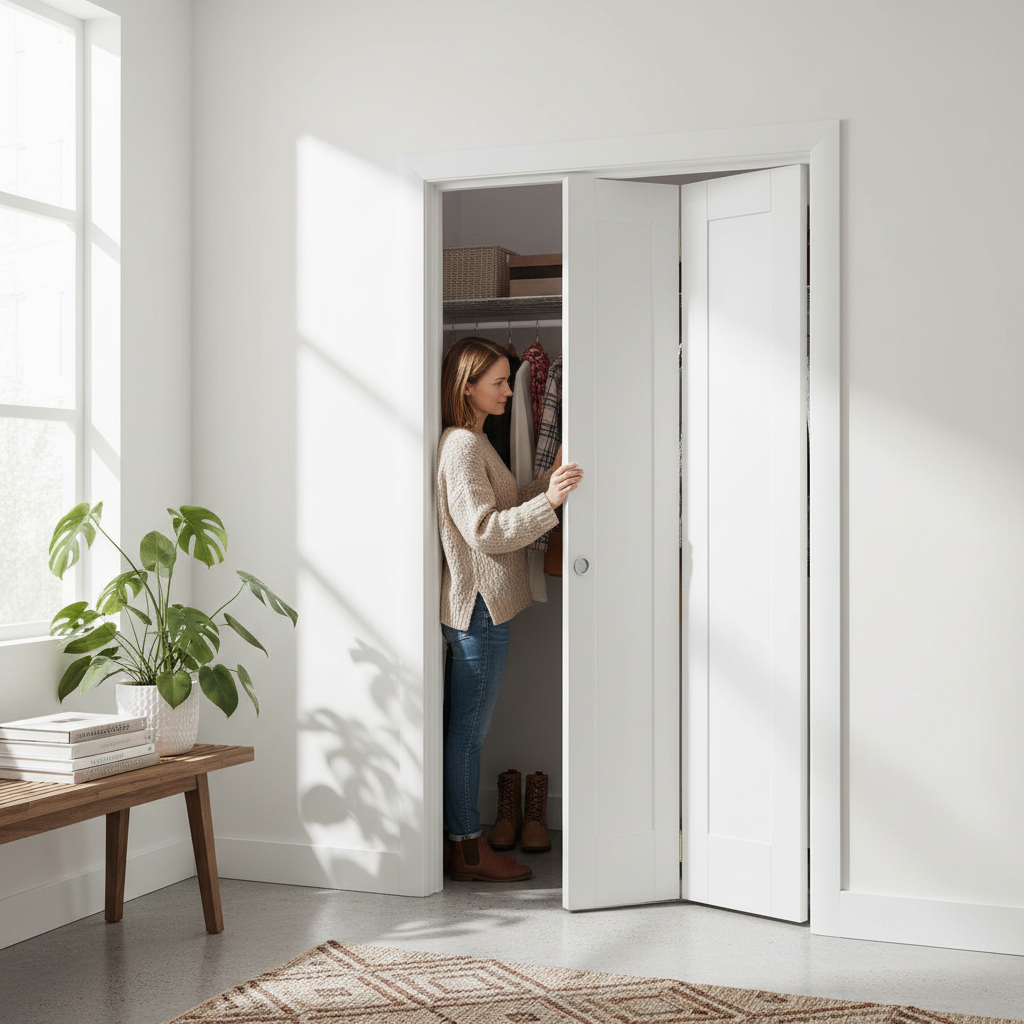 Premium White Bifold Door with Complete Track for Contemporary Home Settings - High-Quality Professional Grade for Industrial and Commercial Applic...