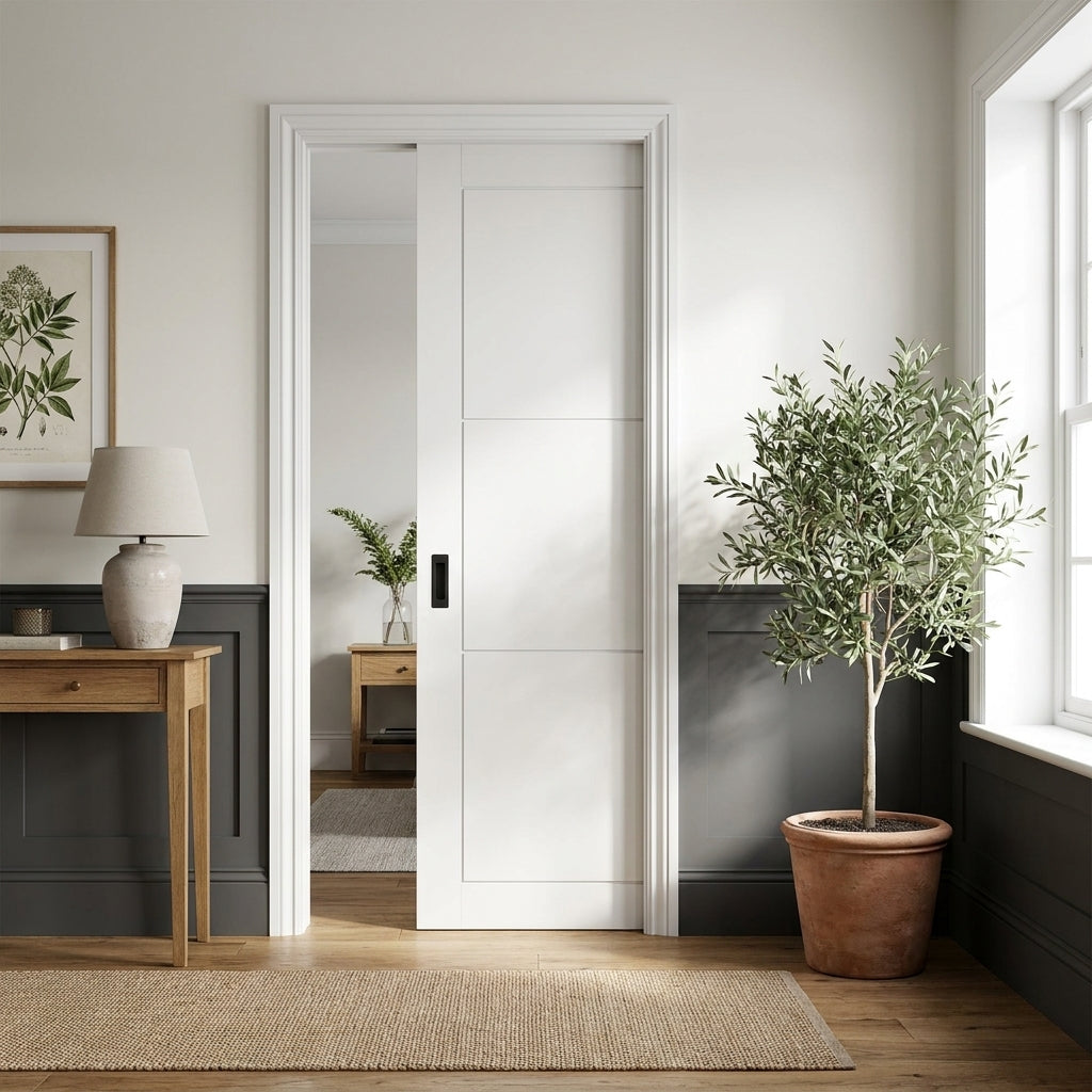 Internal Pocket Door Set White Primed 3 Panel Design 100mm Framed