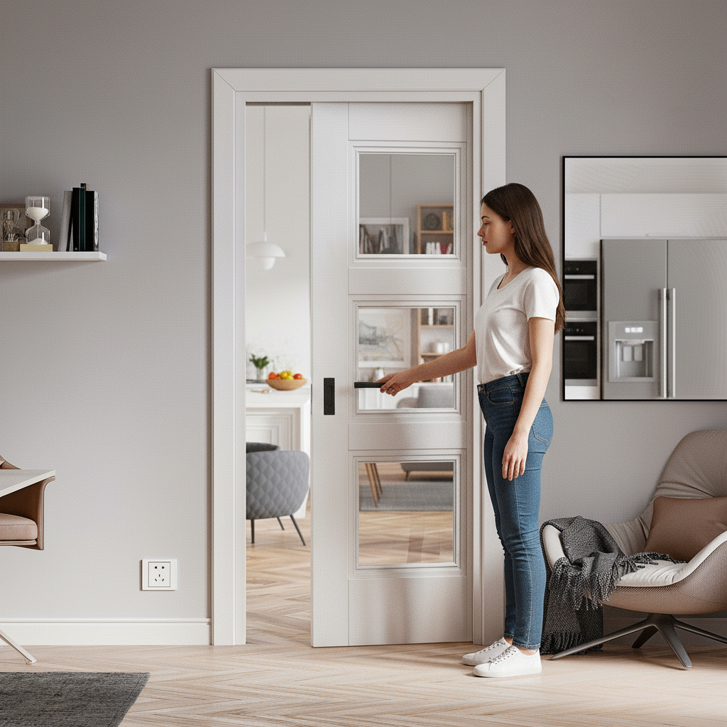 Premium Modern Pocket Door Set with 3 Clear Glass Panels for Space Optimization and Natural Light Flow - Image 2