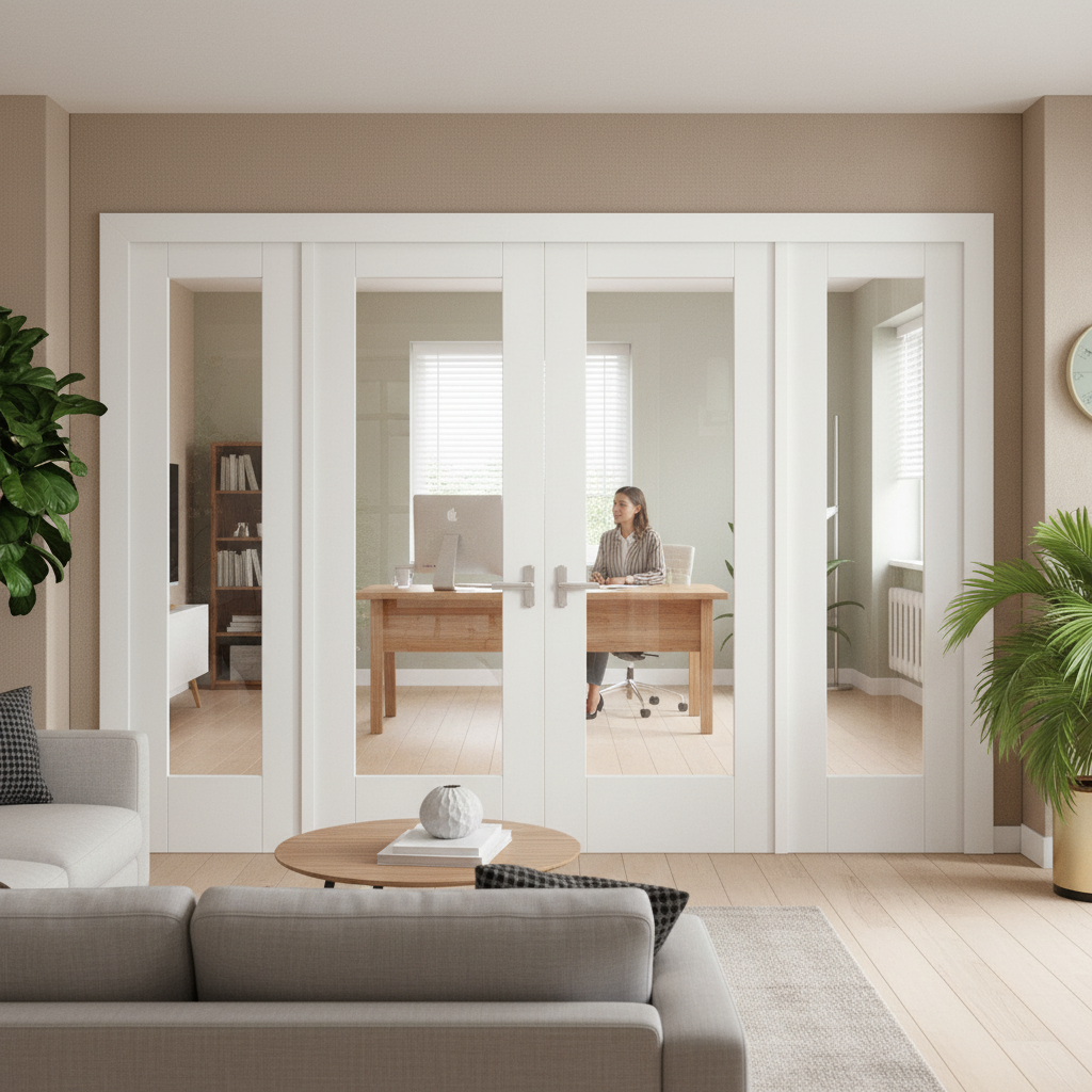 Premium Clear Glass Sidelight Room Divider Set with Four Doors and Pre-Primed White Frame for Elegant Space Separation