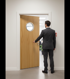 Premium Fully Finished FD30 Fire Door with Chrome Porthole and Clear Fire Rated Glass