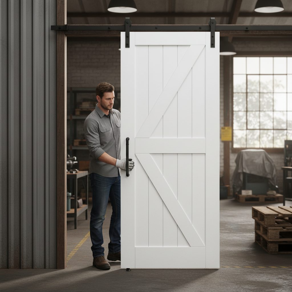 Premium White Internal Primed Barn FLB Sliding Door with Black Top-Mounted Track for Classic Farmhouse Elegance and Modern Functionality