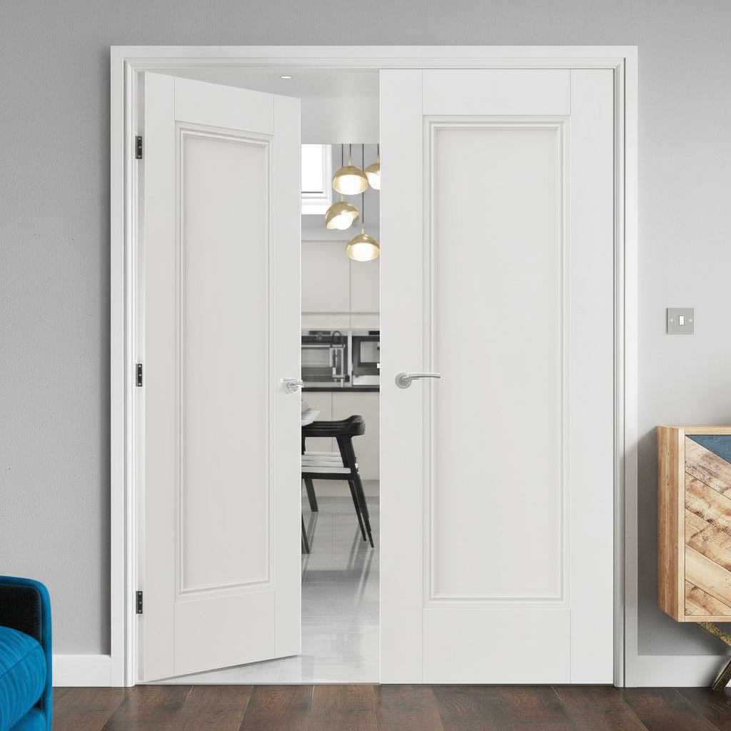 Premium Internal Door Pair with Decorative Mouldings - Solid Core Construction, Sleek White Finish, and Classic Panel Design