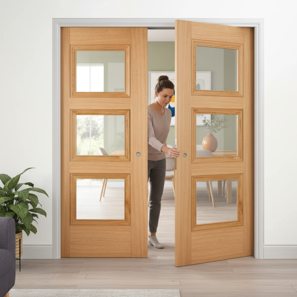 Premium Clear Glazed Oak Telescopic Pocket Door System with Wooden Jamb Kit and 15-Year Guarantee for Flexible Room Layouts