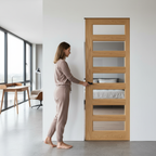 Premium Clear Glazed Flush Pocket Door Set with Bevelled Oak Panels and Innovative No Bottom Track Design