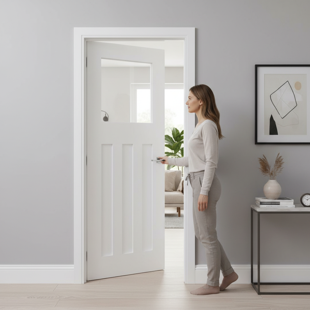 Premium Clear Glazed White Interior Door - 1930s Inspired Shaker Panel with Solid Core and Custom Sizes Available