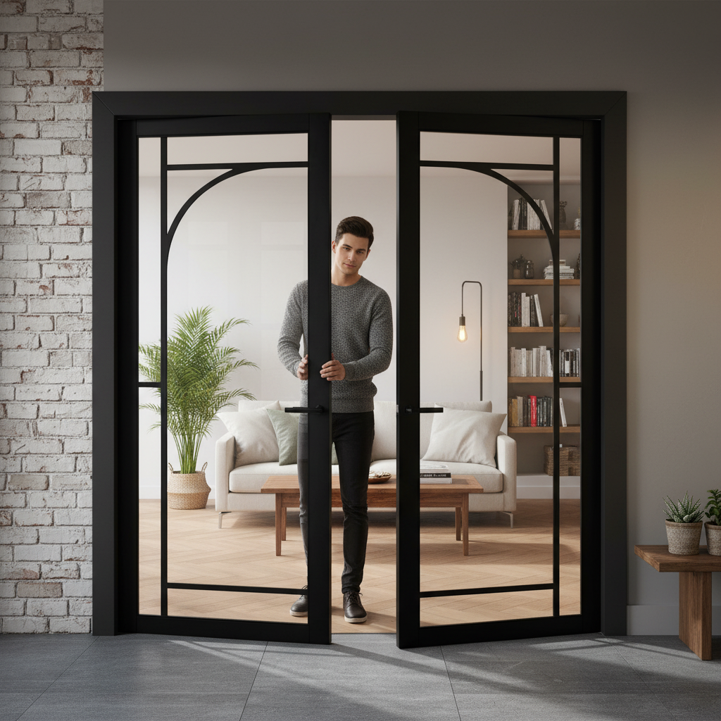 Premium Internal Fully Finished 12 Light Arch Industrial Studio Pair Door with Clear Toughened Safety Glass