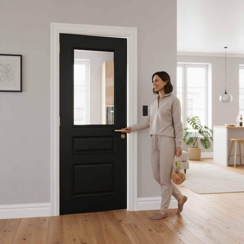 Premium Clear Glazed Fire Door with Bevelled-Edged Panels and 30-Minute Fire-Rated Glass