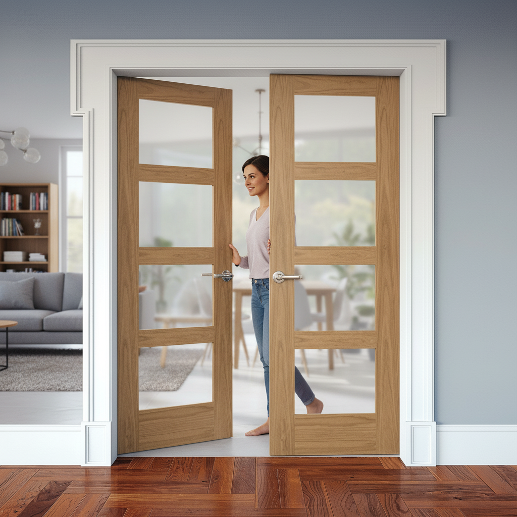 Premium Internal Oak Unfinished Shaker Pair Door with 4 Light Obscure Glass Panels for Stylish Privacy and Natural Light - Image 2