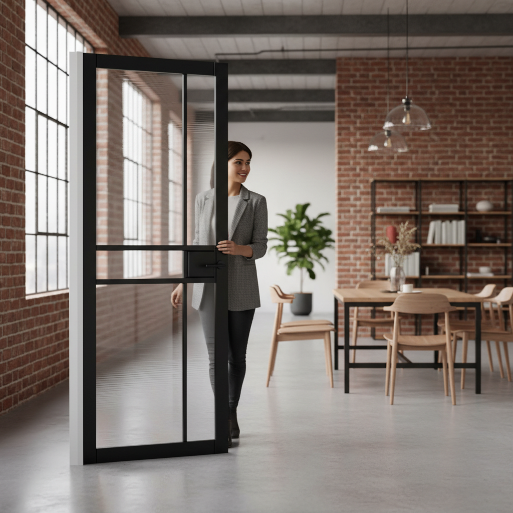 Premium Fully Finished Industrial Style Door with Glazed Panels and Solid MDF Construction for Modern Interiors