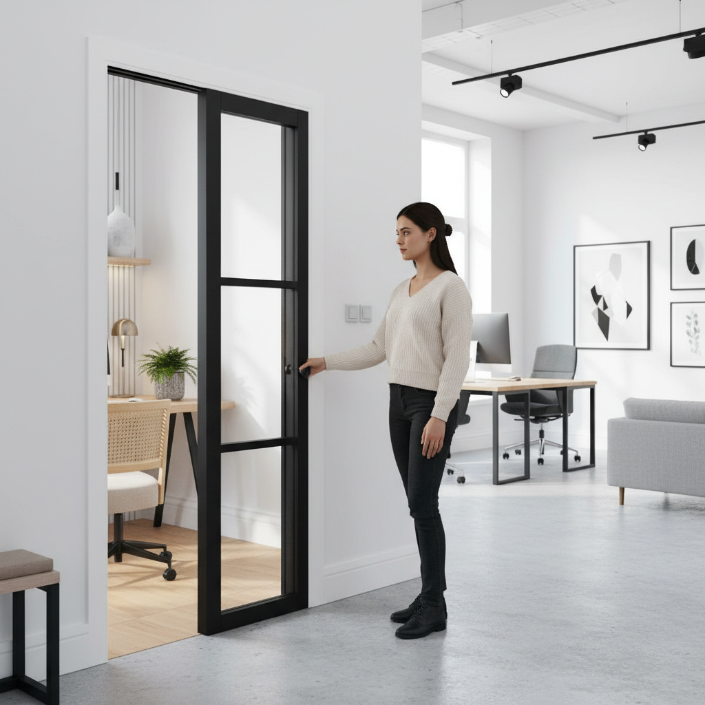 Premium Clear Glazed Pocket Door Set with Industrial Design and Adjustable Frame for Easy Installation