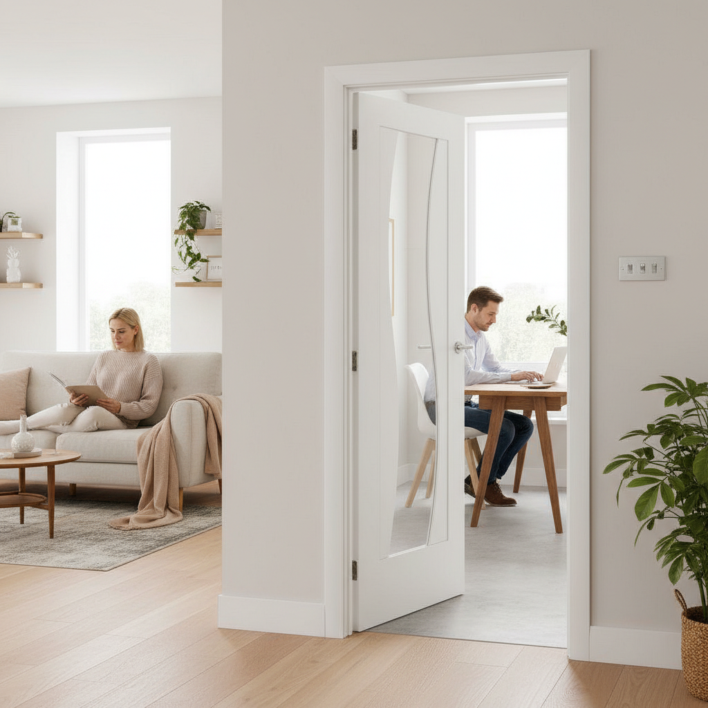 Premium White Internal Door with Clear Safety Glass, Engineered Construction, and Stylish Curved Design for Modern Interiors